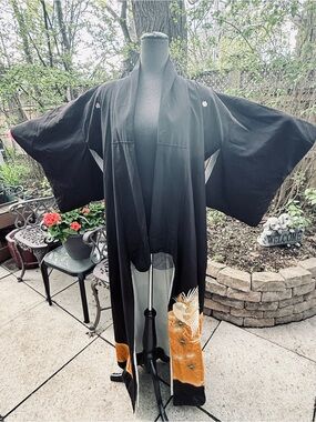 Vintage Japanese Kurotomesode Kimono - Crane & Gold Motif (Easy-Care)